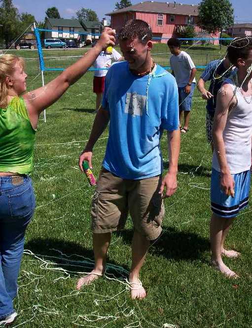 Being attacked by silly string.